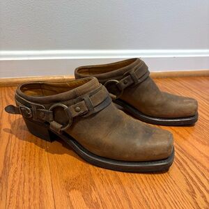 Frye Women's Brown Leather Belted Harness Square Toe Mules Size 9